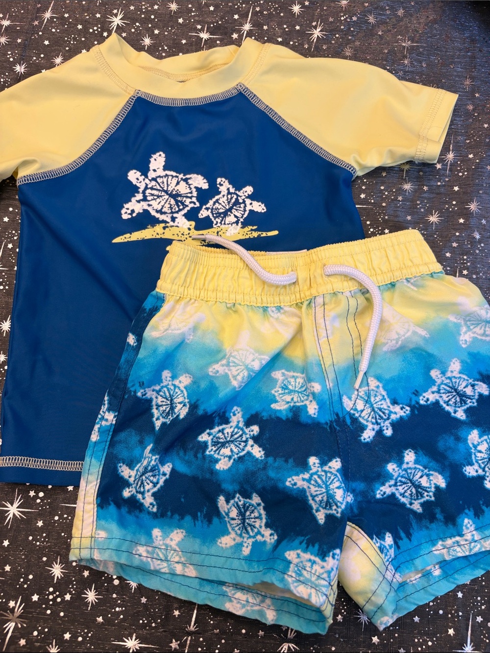 Kids Blue & Yellow Turtle Rash Guard Set